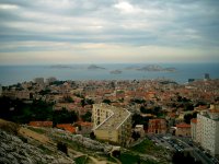 The islands off of Marseille. The closest is home to the Château d'If, the prison that held the Count of Monte Cristo.