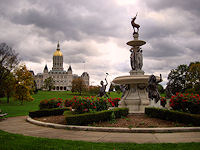 The state capitol building overlooks Bushnell Park