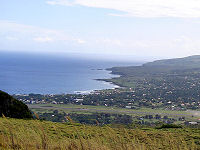 A look back at Hanga Roa while climbing up Rano Kao.